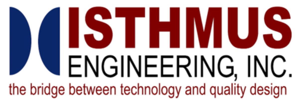 Original Isthmus Engineering logo with bright blue half circles icon and Isthmus Engineering - the bridge between technology and quality design in maroon and black text