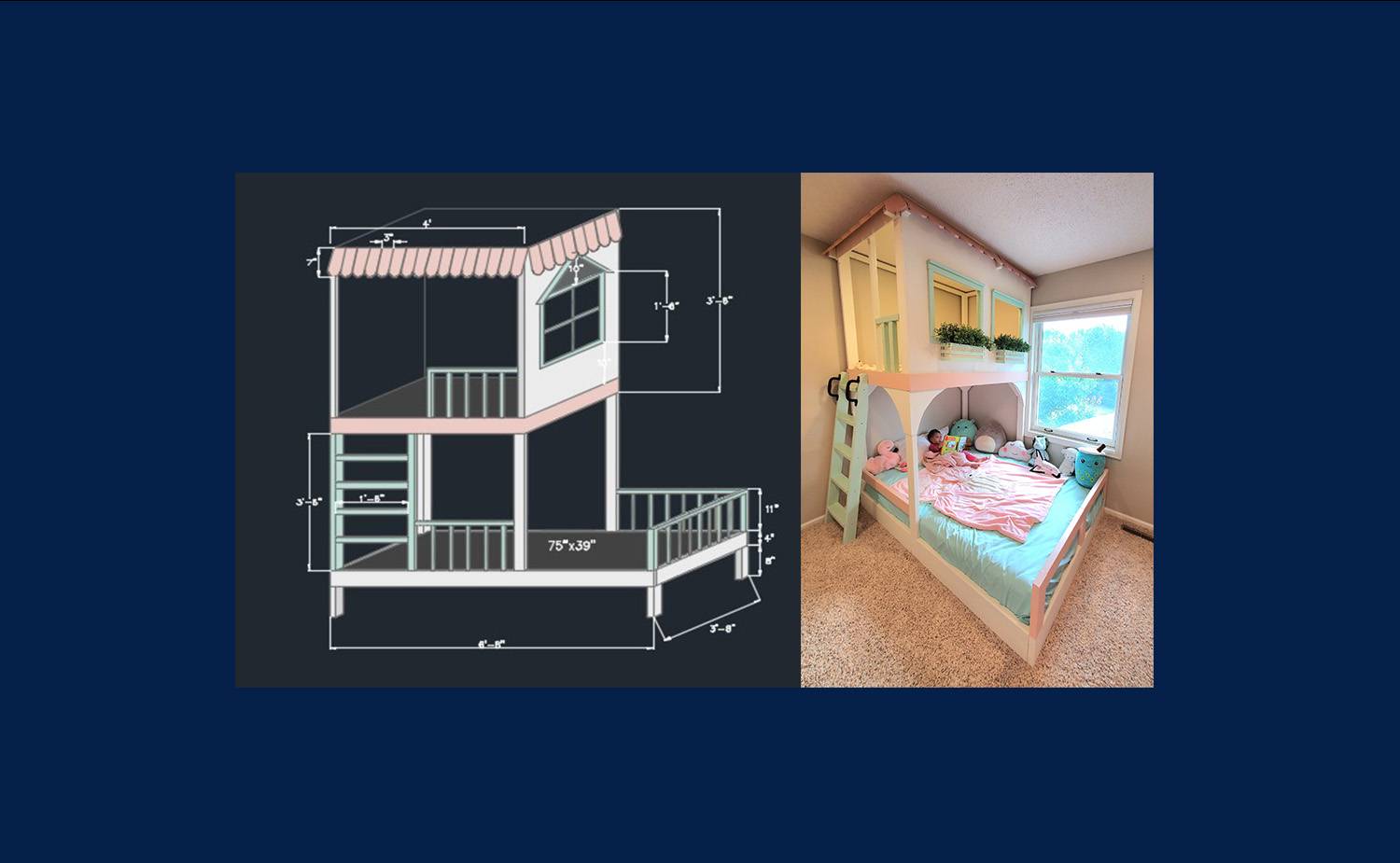 A blueprint plan for a bunkbed next to a photo of the finished bunkbed