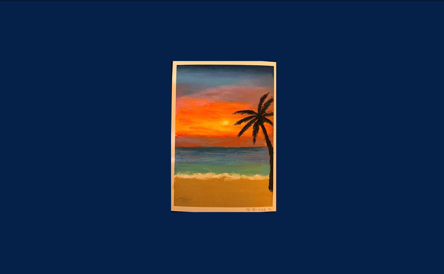 Painting of a beach at sunset with a palm tree
